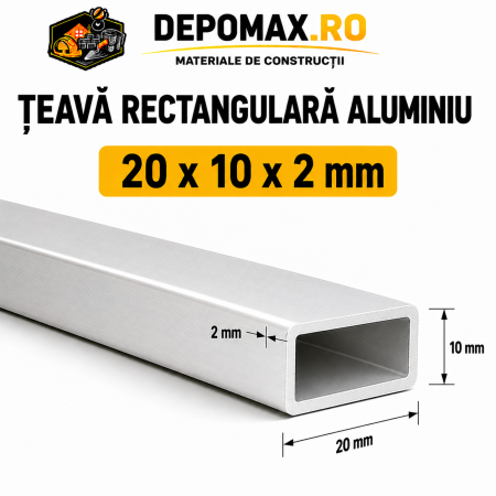 Teava rectangulara aluminiu 20 x 10 x 2 mm, 6 metri (EN AW-6060)